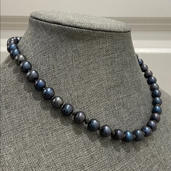 Blue Gray Pearl Necklace with 925 Silver Fish Hook Clasp - Picture 3 of 17